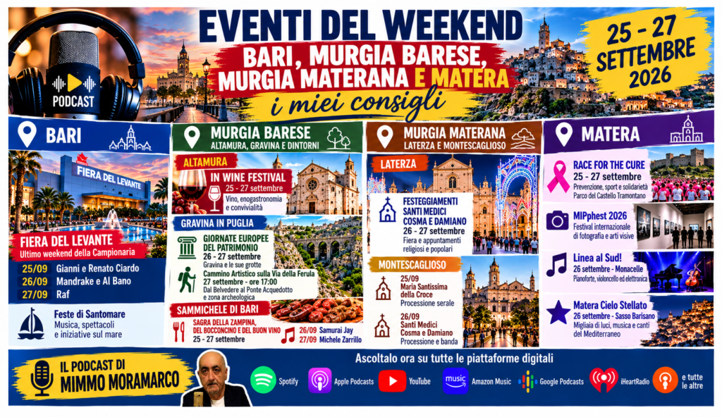 Eventi weekend Bari Murgia barese Murgia materana Matera 25-27 settembre 2026
